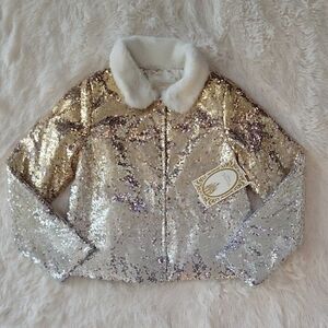 Disney Princess Gold And Silver Sequin Jacket Faux Fur Collar Girl 9/10 NWT